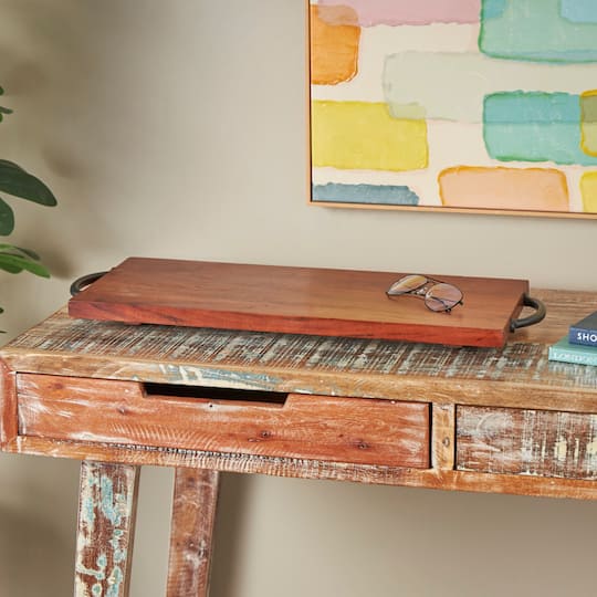 28" Brown Wood Tray with Black Metal Handles